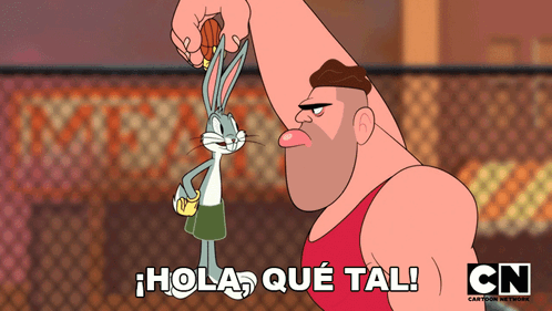 A Cartoon Of Bugs Bunny Holding A Basketball Next To A Man That Says Hola Que Tal GIF