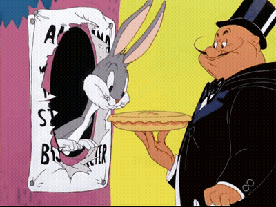 A Cartoon Of Bugs Bunny Holding A Pie Next To A Man GIF