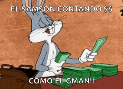 A Cartoon Of Bugs Bunny Holding A Stack Of Money With The Caption " El Samson Contando $ $ Como El Gman " GIF