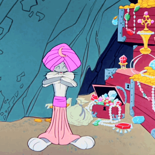 A Cartoon Of Bugs Bunny Wearing A Turban Standing Next To A Treasure Chest GIF