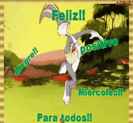 A Cartoon Of Bugs Bunny With The Words Feliz Alegre Positivo Para Todos GIF