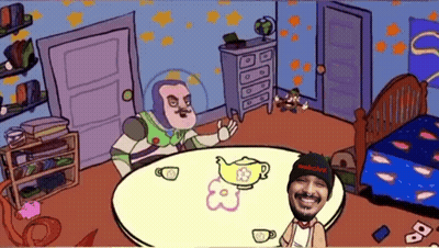 A Cartoon Of Buzz Lightyear Sitting At A Table Next To A Man Wearing A Black Beanie GIF