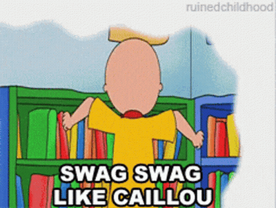 A Cartoon Of Caillou Saying Swag Swag Like Caillou In Front Of A Bookshelf GIF