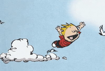 A Cartoon Of Calvin And Hobbes Running In The Sky GIF