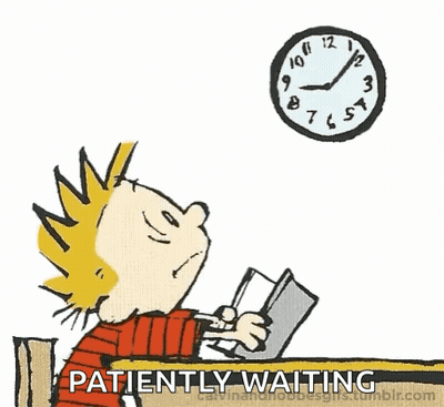 A Cartoon Of Calvin And Hobbes Sitting At A Table Waiting GIF