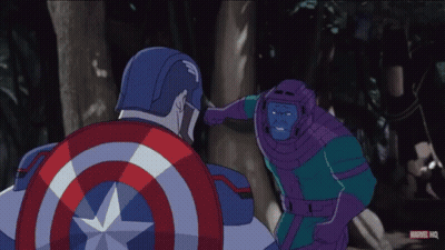 A Cartoon Of Captain America And Kang The Conqueror Fighting GIF