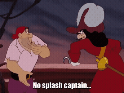 A Cartoon Of Captain Hook Talking To A Man With The Caption No Splash Captain GIF