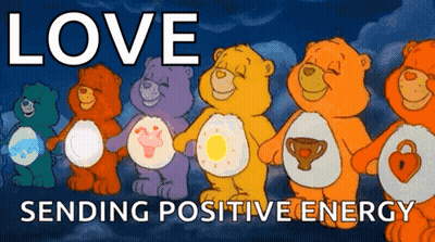 A Cartoon Of Care Bears With The Words Love Sending Positive Energy Below Them GIF