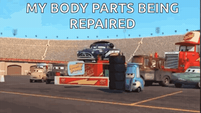 A Cartoon Of Cars Being Repaired In A Parking Lot With The Caption `` My Body Parts Being Repaired '' . GIF