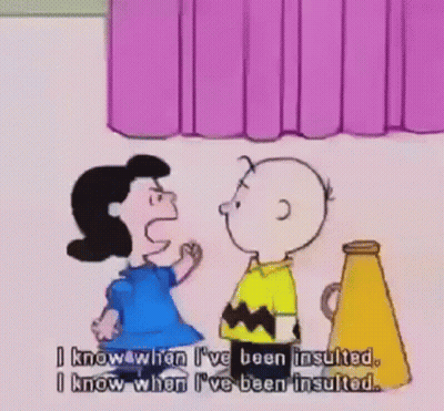 A Cartoon Of Charlie Brown And Lucy Brown Standing Next To Each Other GIF