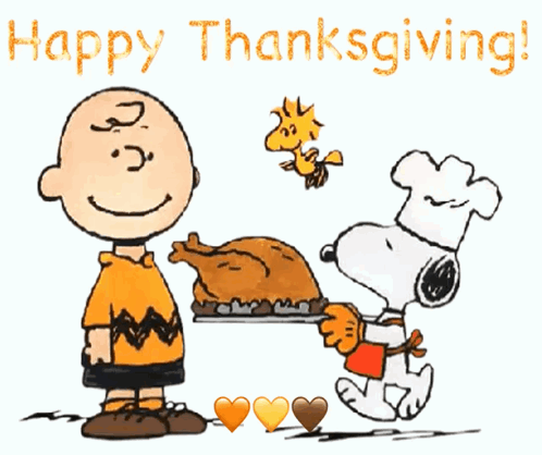 A Cartoon Of Charlie Brown And Snoopy Holding A Turkey With The Words Happy Thanksgiving Below Them GIF