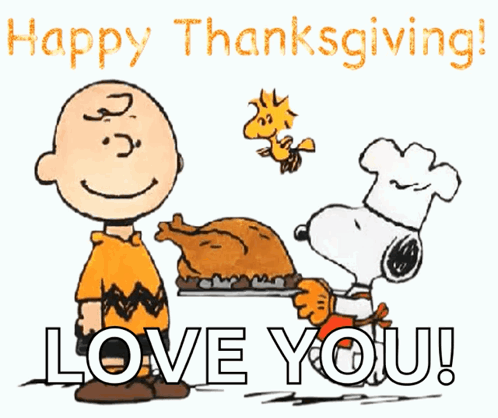 A Cartoon Of Charlie Brown And Snoopy Holding A Turkey With The Words Happy Thanksgiving Love You GIF