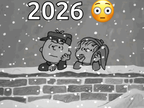A Cartoon Of Charlie Brown And Snoopy Looking Over A Brick Wall In The Snow GIF