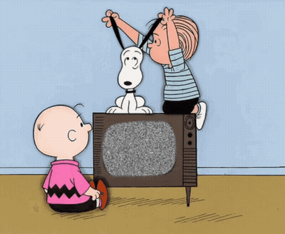 A Cartoon Of Charlie Brown And Snoopy Playing With A Tv GIF