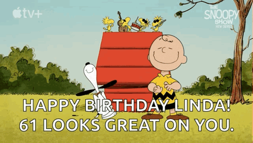 A Cartoon Of Charlie Brown And Snoopy Says Happy Birthday Linda GIF