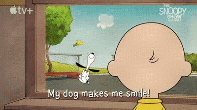 A Cartoon Of Charlie Brown And Snoopy With The Words " My Dog Makes Me Smile " GIF