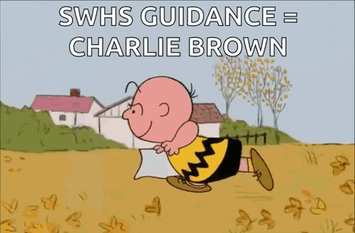A Cartoon Of Charlie Brown Holding A Pillow With The Words Swhs Guidance = Charlie Brown GIF