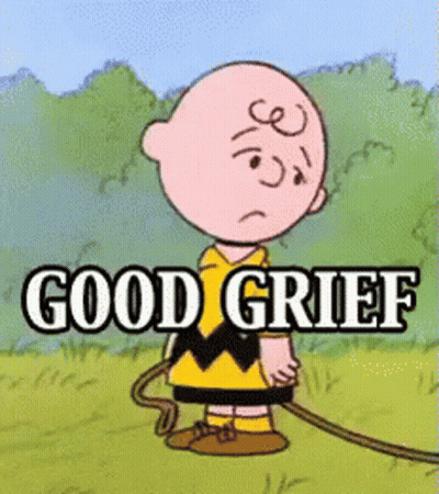 A Cartoon Of Charlie Brown Holding A Rope With The Words " Good Grief " Below Him GIF