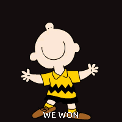 A Cartoon Of Charlie Brown Jumping In The Air With The Words We Won Behind Him GIF