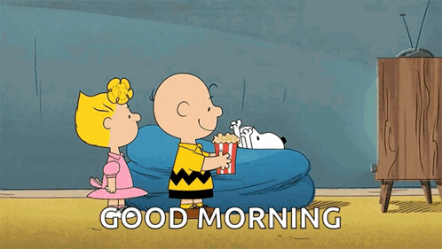A Cartoon Of Charlie Brown , Snoopy And Lucy Saying " Good Morning " GIF