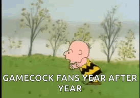 A Cartoon Of Charlie Brown Standing In A Grassy Field . GIF