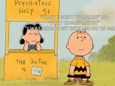 A Cartoon Of Charlie Brown Standing In Front Of A Yellow Psychiatric Help Stand GIF