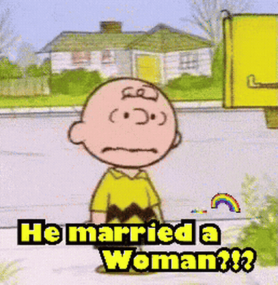 A Cartoon Of Charlie Brown With The Words Good Grief He Married A Woman GIF