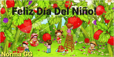 A Cartoon Of Children Picking Strawberries With The Words " Feliz Dia Del Niño " GIF