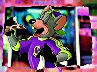 A Cartoon Of Chuck E Cheese Holding A Pizza In His Hand GIF