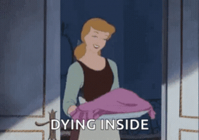 A Cartoon Of Cinderella Holding A Pink Blanket And Saying `` Dying Inside '' GIF