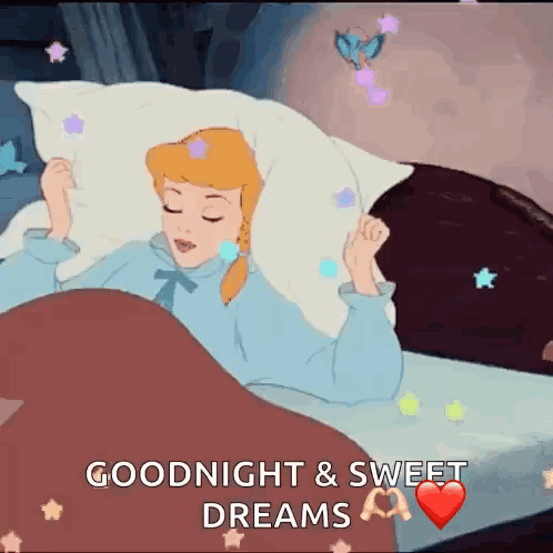 A Cartoon Of Cinderella Sleeping In Bed With The Words Goodnight And Sweet Dreams GIF
