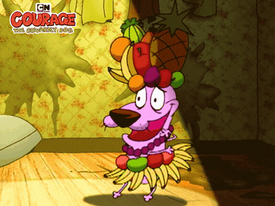A Cartoon Of Courage The Cowardly Dog Dancing With Fruit On His Head GIF