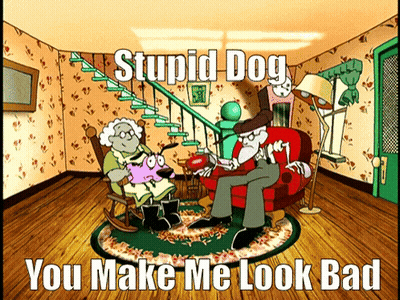 A Cartoon Of Courage The Cowardly Dog Sitting In A Living Room With The Caption Stupid Dog You Make Me Look Bad GIF