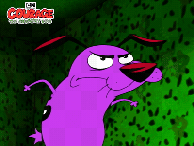 A Cartoon Of Courage The Cowardly Dog Standing In Front Of A Green Wall GIF