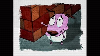 A Cartoon Of Courage The Cowardly Dog Standing Next To A Wall GIF