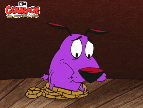 A Cartoon Of Courage The Cowardly Dog Tied Up With A Yellow Rope GIF