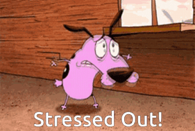 A Cartoon Of Courage The Cowardly Dog With The Words " Stressed Out " Below Him GIF