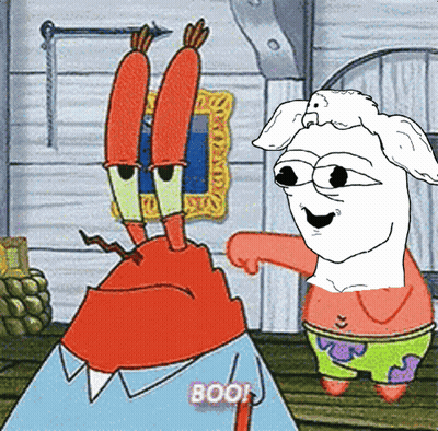 A Cartoon Of Crab And Patrick That Says Boo On It GIF