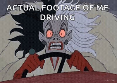A Cartoon Of Cruella De Vil Driving A Car . GIF