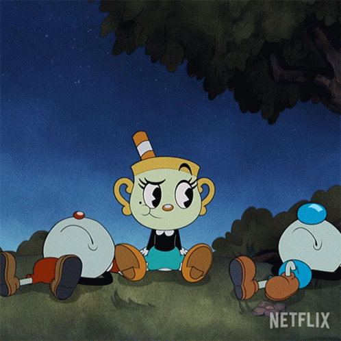 A Cartoon Of Cuphead And His Friends Sitting Under A Tree With Netflix In The Corner GIF