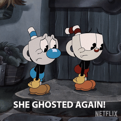 A Cartoon Of Cuphead Saying She Ghosted Again On Netflix GIF