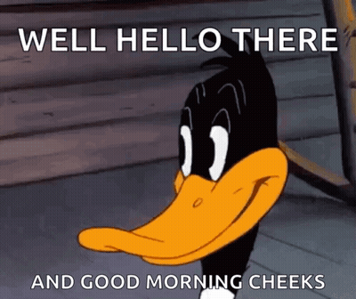 A Cartoon Of Daffy Duck Saying Well Hello There And Good Morning Cheeks GIF