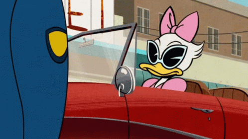A Cartoon Of Daisy Duck Driving A Red Car GIF