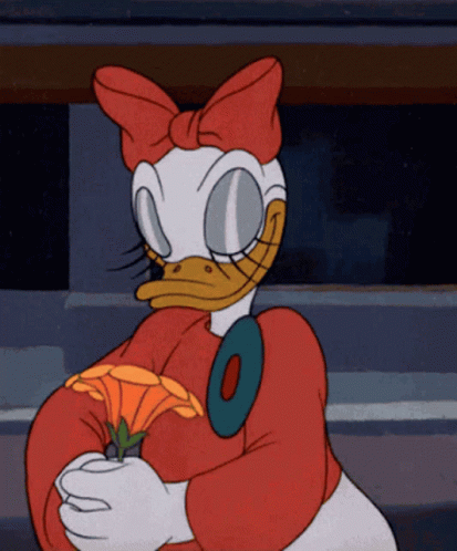 A Cartoon Of Daisy Duck Holding A Flower In Her Hand GIF
