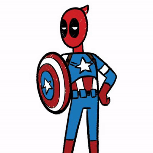 A Cartoon Of Deadpool Dressed As Thor Holding A Hammer And Cape . GIF