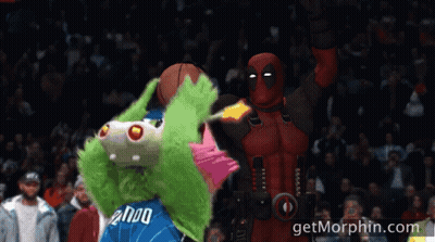 A Cartoon Of Deadpool Holding A Basketball Next To A Mascot With The Number 2000 On His Jersey GIF