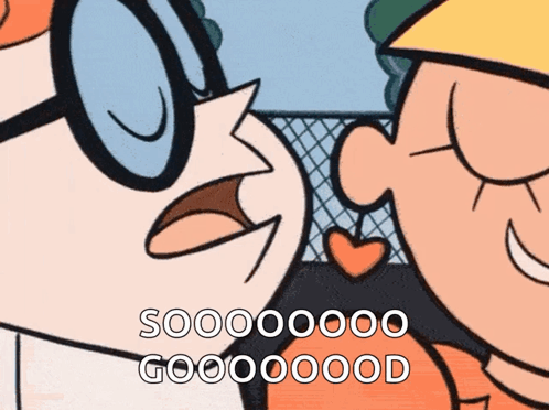 A Cartoon Of Dexter And Madame Dexter Kissing With The Words Sooooooo Gooooood Below Them GIF
