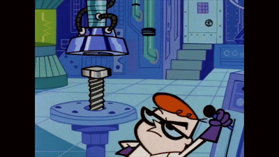 A Cartoon Of Dexter Holding A Microphone In A Lab GIF