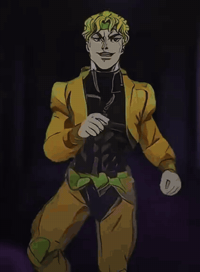 A Cartoon Of Dio From Jojo 'S Bizarre Adventure Is Standing In A Dark Room GIF