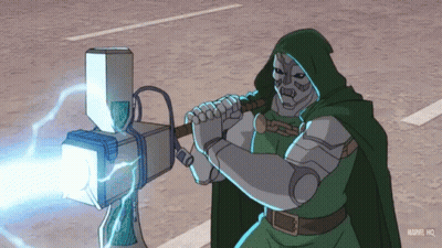 A Cartoon Of Doctor Doom From Marvel Holding A Lightning Bolt GIF